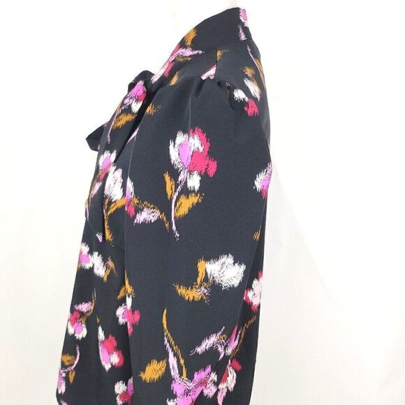 Who What Wear Black Floral High Cuff Tie Neck Button Front Blouse Womens L - Picture 4 of 7